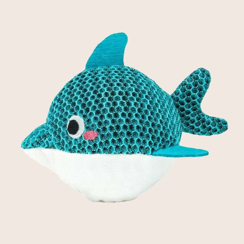 HugSmart Dolphin Super Ball dog toy with teal mesh fabric and white underside