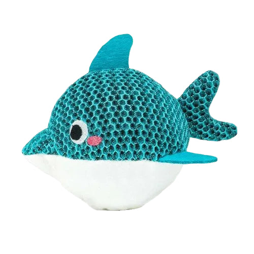 HugSmart Dolphin Super Ball dog toy with teal mesh fabric and white underside