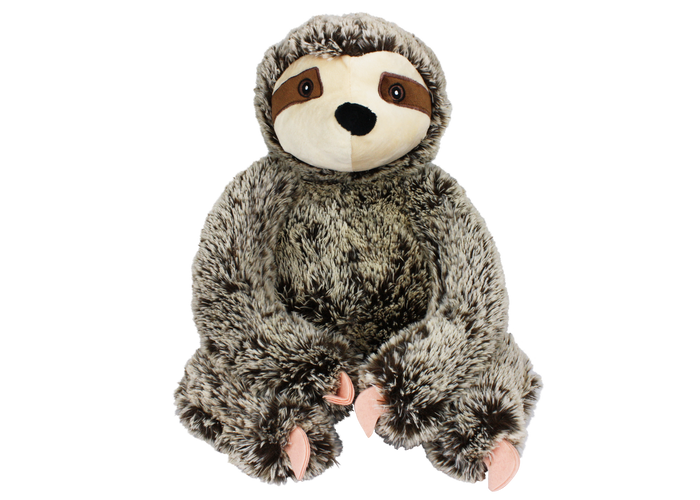 Multipet Jumbo Sitting Sloth 14-inch plush dog toy with brown face markings and pink fabric claws