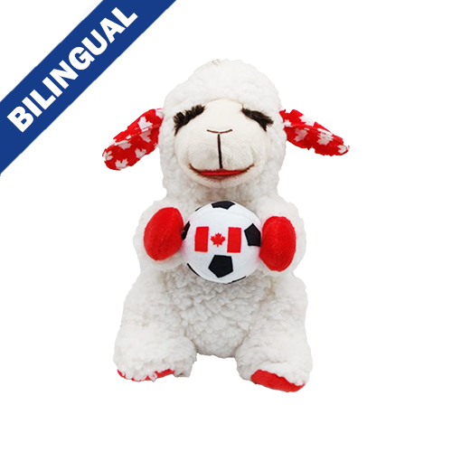 Multipet Lamb Chop Soccer Canada plush dog toy holding a soccer ball with a Canadian flag