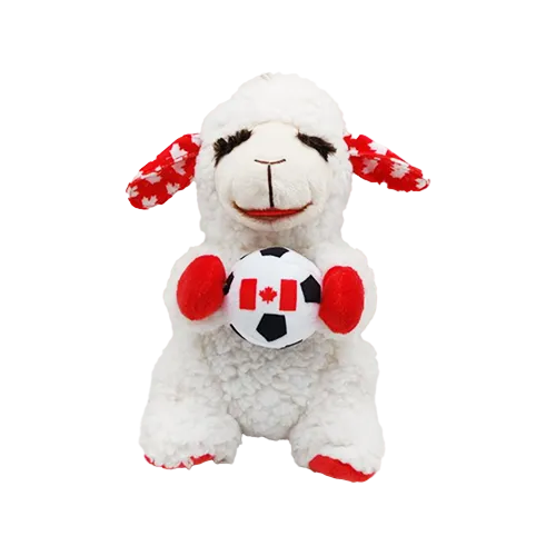 Multipet Lamb Chop Soccer Canada plush dog toy holding a soccer ball with a Canadian flag