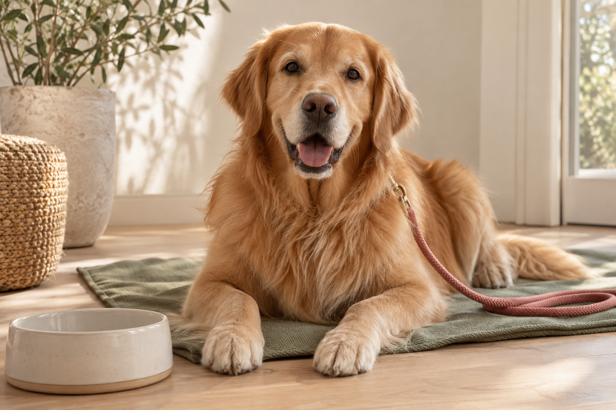 Golden retriever relaxing beside a ceramic bowl and salmon lead in a warm, sunlit home