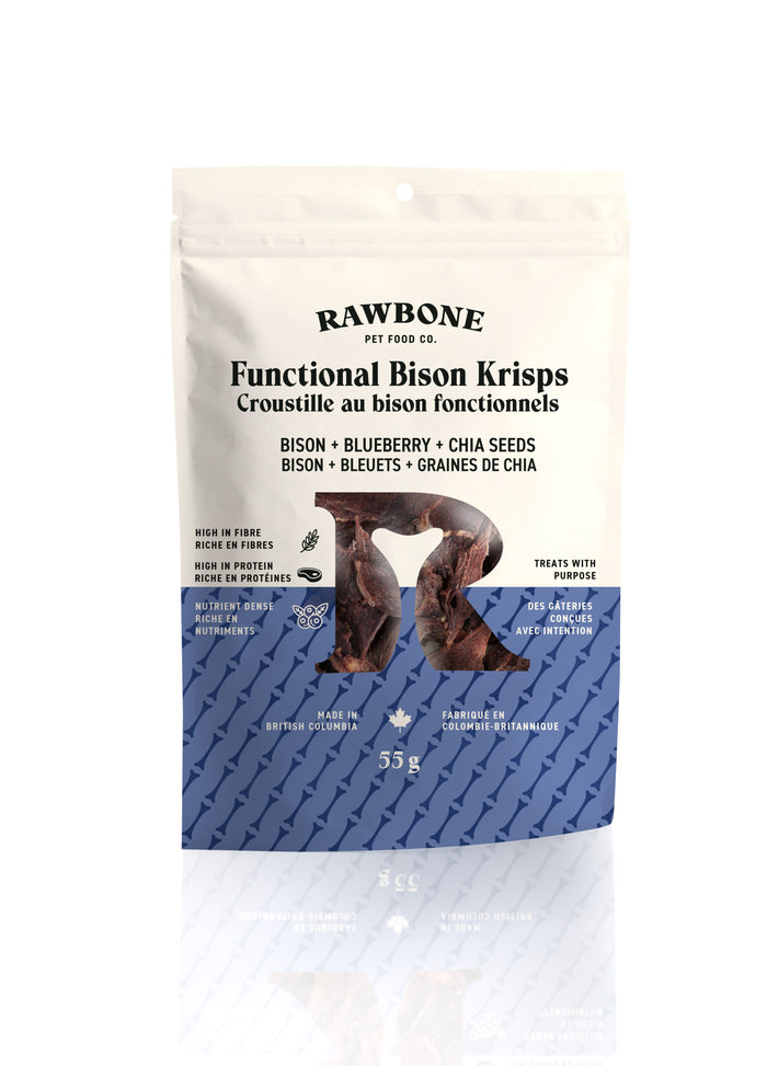 Rawbone Functional Bison Krisps 55 g pouch with bison, blueberry and chia seeds