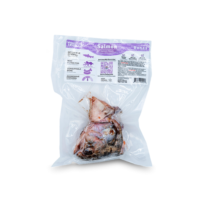 Red Dog Blue Kat frozen raw salmon head in its purple-labelled package
