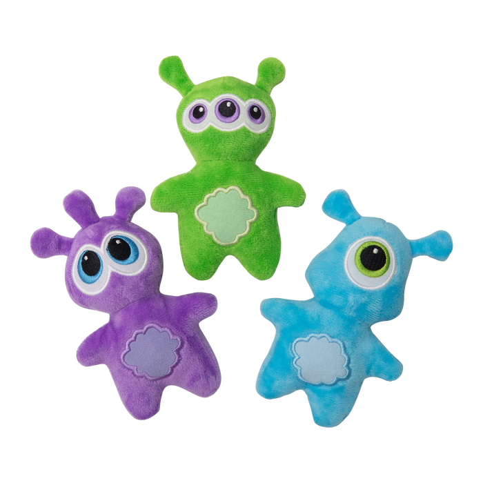 Snugarooz three-pack of green, purple and blue plush alien dog toys