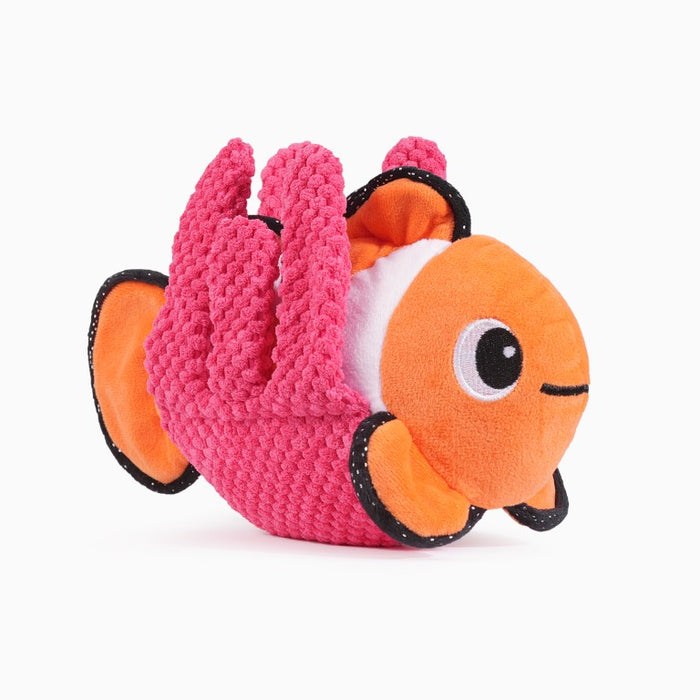 HugSmart orange-and-white plush clownfish dog toy with pink crinkly seaweed