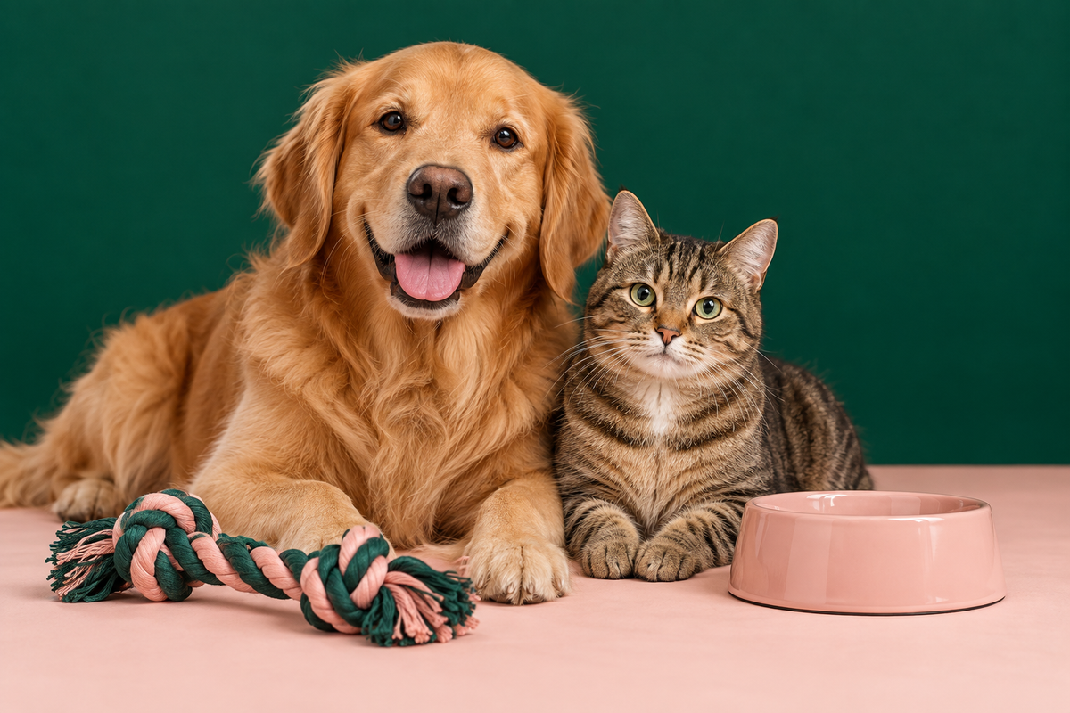 Golden dog and tabby cat together on a blush pink floor against a deep green studio backdrop.