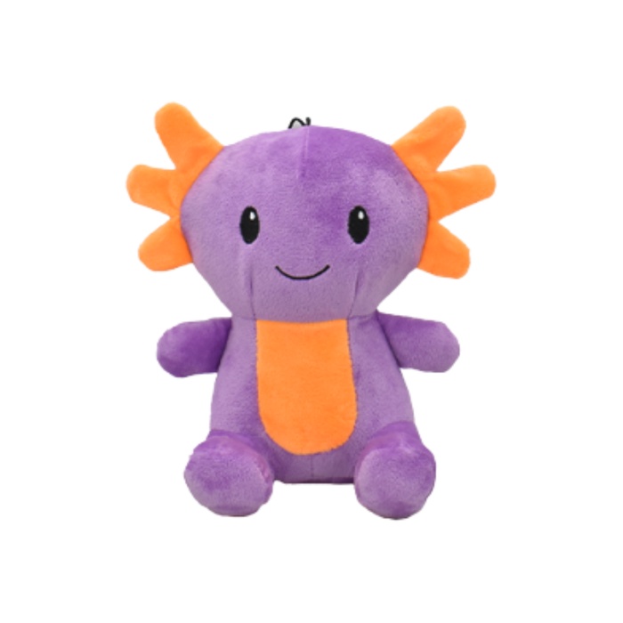 Multipet 5-inch axolotl plush dog toy shown in purple and orange; colours may vary