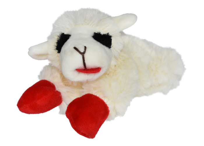 Multipet Lamb Chop small 6-inch white plush dog toy with red paws