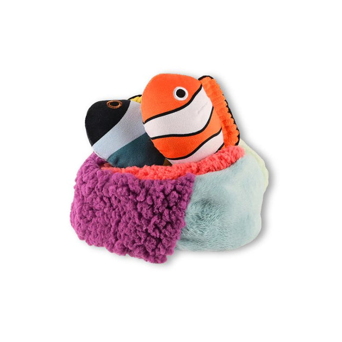 P.L.A.Y. Ocean Buddies Coral Burrow plush dog toy with colourful coral reef and two removable fish