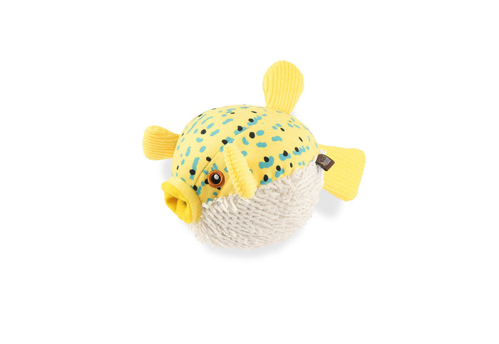 P.L.A.Y. Ocean Buddies yellow and white puffer fish plush dog toy