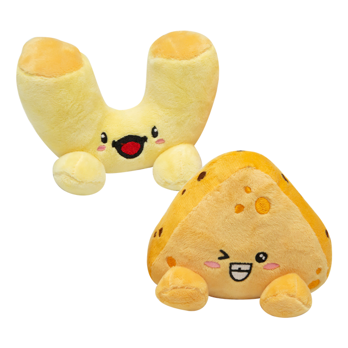 Snugarooz Mac & Cheese two-pack with yellow macaroni-shaped and cheese-wedge plush dog toys